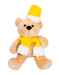 Bear toy isolated on white background. Fabric teddy bear toy with costume isolated