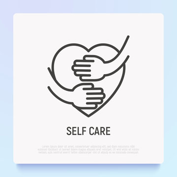 Self Care Thin Line Icon: Hands Hug Heart. Modern Vector Illustration.