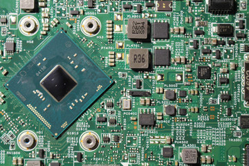 Closeup view at laptop motherboard and components.