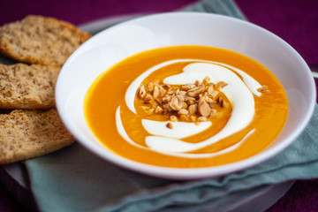 Homemade carrot and sweet potato cream soup