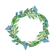 Hand drawn watercolor illustration. Wreath with botanical spring leaves. Greenery. Floral Design elements. Perfect for wedding invitations, cards, prints, posters