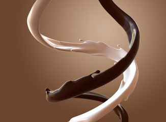 Realistic milk and chocolate splashes swirl isolated. 3d render