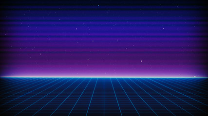 Retro Sci-Fi Background Futuristic landscape of the 80`s. Digital Cyber Surface. Suitable for design in the style of the 1980`s