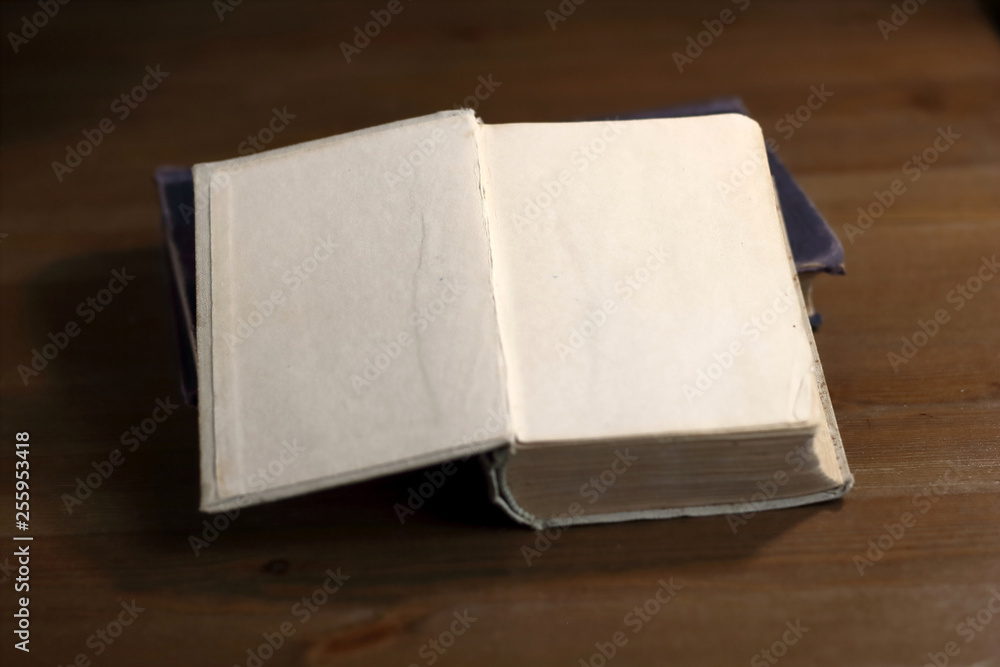 Poster an open old retro book with white blank empty pages on which the designer can write a greeting text 