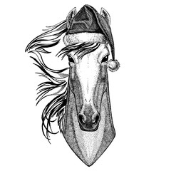 Horse, hoss, knight, steed, courser wearing christmas Santa Claus hat. Hand drawn image for tattoo, emblem, badge, logo, patch