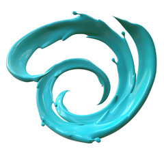Abstract liquid swirl. Cyan (blue, electric blue, aqua) splash, paint splashing, fashion background. Artistic clip art element isolated on white background.  3d render