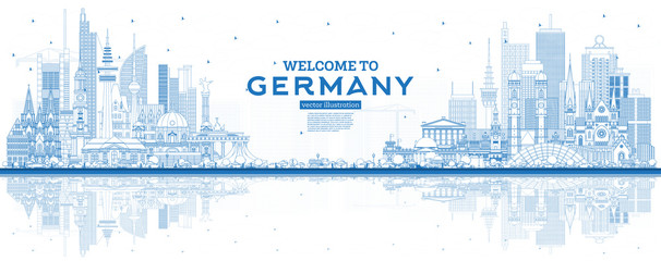 Outline Welcome to Germany Skyline with Blue Buildings and Reflections. - obrazy, fototapety, plakaty
