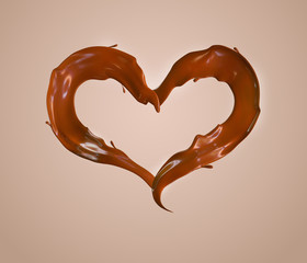 Caramel or chocolate splashes in shape of heart. Isolated. 3d render