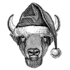 Buffalo, bison,ox, bull wearing christmas Santa Claus hat. Hand drawn image for tattoo, emblem, badge, logo, patch © helen_f
