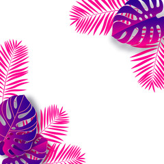 Summer background with purple tropical leaves isolated on white. Space for text. Vector illustration