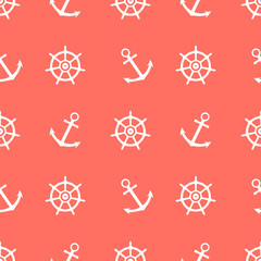 Seamless living coral nautical  pattern. Vector illustration. Background with steering wheel and anchors.  Trendy color 2019 year.