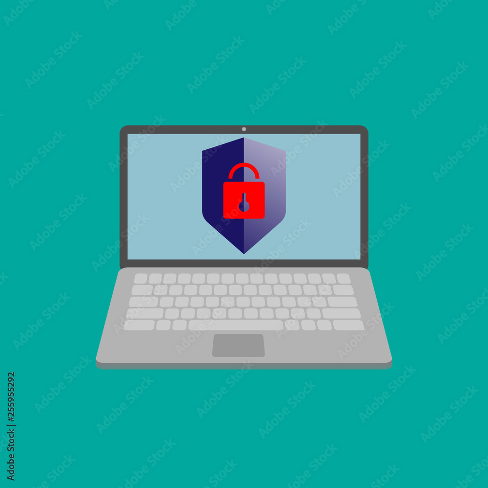 Poster computer security concept. laptop with shield and lock on table. flat vector illustration.