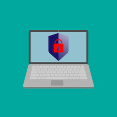 Computer security concept. Laptop with shield and lock on table. Flat vector illustration.