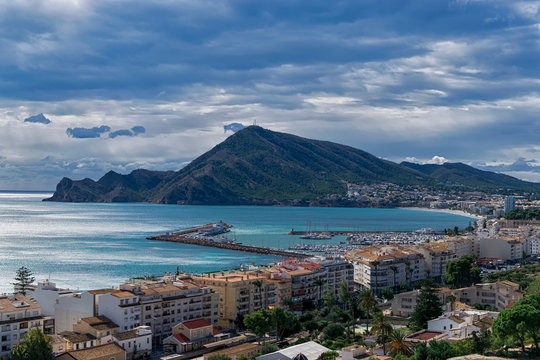 Views from the top of the beautiful coastal town of Altea towards the Serra Gelada Natural Park. Photograph taken in Altea, Alicante, Spain.