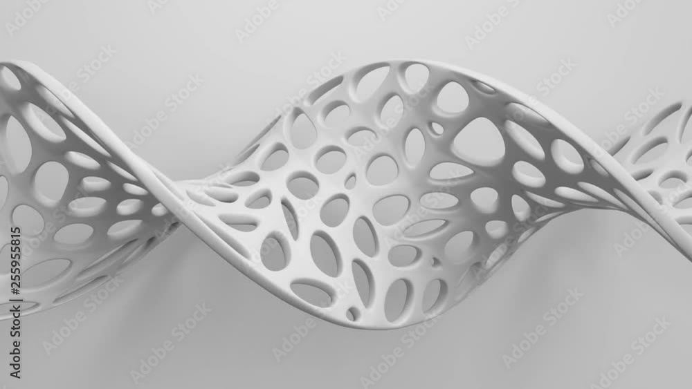 Poster 3d render with cell structure is twisted in front of the flat plane. twisted geometry with holes. сe
