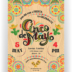 Cinco De Mayo announcing poster template with ornate lettering and cactuses in sombrero. - 255956059