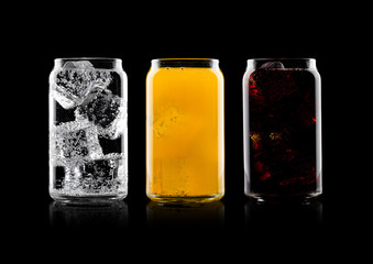 Glasses of cola and orange soda drink and lemonade