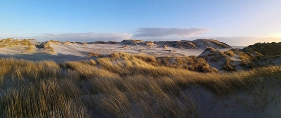 Amrum dunes panoramic view at sunset 