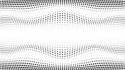 Halftone gradient pattern. Abstract halftone dots background. Monochrome dots pattern. Grunge texture. Pop Art, Comic small dots. Wave twisted dots. Banner with space. Template for cover, card, flyer