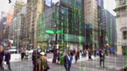 Future. Crowds of people walking in a noisy city. Electric cars and full control of people. Living in a data matrix city. 