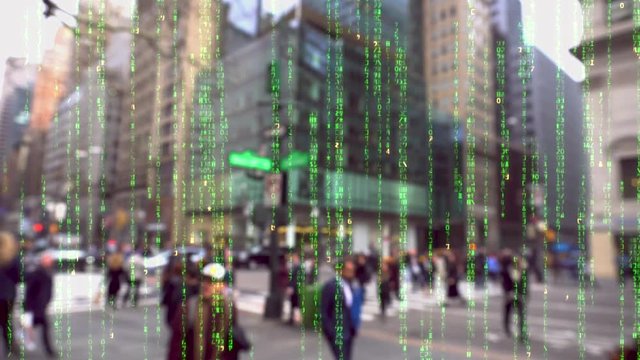 Future. Crowds of people walking in a noisy city. Electric cars and full control of people. Living in a data matrix city. 