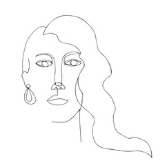Portrait of woman with long hair. Continuous line art. One line drawing. Black and white minimalist graphic.  Art of women face and hairstyle.