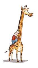 illustration of stylization of a giraffe, a pregnant woman hugs a favorite animal, a man's best friend, hugs, love. pregnant rider