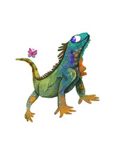 Iguagna sly prey on butterfly. hungry lizard. bright illustration