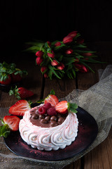 light pavlova with fresh fruits and chocolate