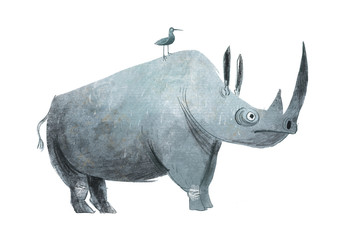 kind rhino, wild animal, illustration on a white background for children, rhino friend animals and birds