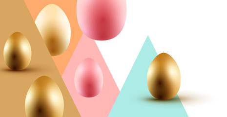 Easter event layout design with gold and pastel coloured Easter eggs. Vector illustration.