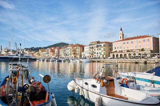 Panorama of Imperia. Coastal city and comune in the region of Liguria, Italy (Meditarranean sea). Historical capital of the Province of Imperia. Shore,port, harbor tourism with great traditional food.