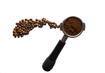 portafilter with ground coffee, and coffee bean, isolated