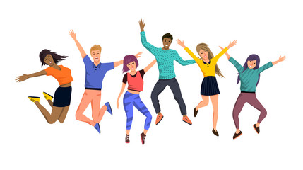 A large team group of happy jumping people characters. Vector illustration.
