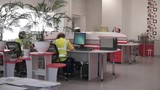 Rear view of a group of multiethnic office industrial workers using computers. Clip