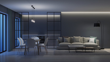 Modern house interior. Kitchen behind glass partitions. Night. Evening lighting. 3D rendering.