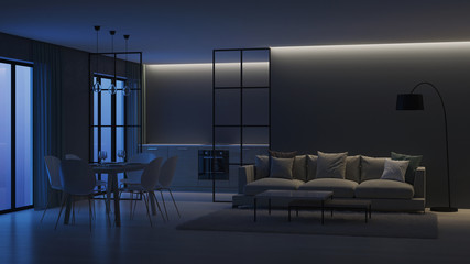 Modern house interior. Kitchen behind glass partitions. Night. Evening lighting. 3D rendering.