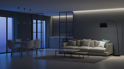 Modern house interior. Kitchen behind glass partitions. Night. Evening lighting. 3D rendering.