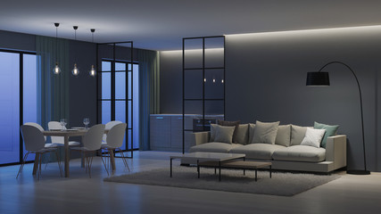Modern house interior. Kitchen behind glass partitions. Night. Evening lighting. 3D rendering.