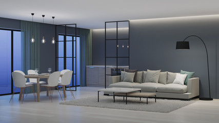 Modern house interior. Kitchen behind glass partitions. Night. Evening lighting. 3D rendering.