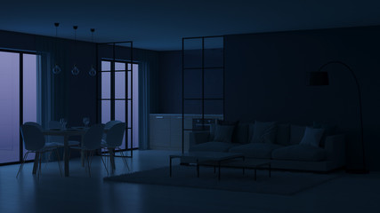 Modern house interior. Kitchen behind glass partitions. Night. Evening lighting. 3D rendering.