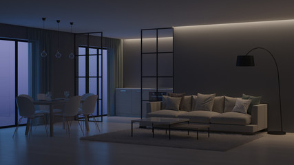 Modern house interior. Kitchen behind glass partitions. Night. Evening lighting. 3D rendering.
