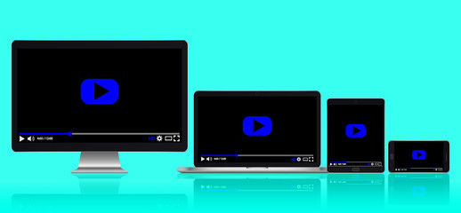 Set of realistic modern digital devices with reflections. Video player template. Vector illustration