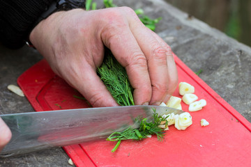 man cuts greens and garlic for cooking during a hike