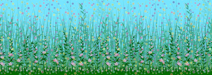 Obraz na płótnie Canvas Seamless Horizontal Background, Nature Landscape with Green Grass, Leaves and Flowers on Blue Sky with Confetti, Tile Pattern for Your Design. Vector