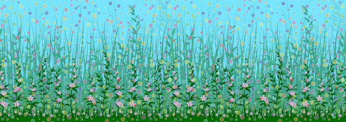 Seamless Horizontal Background, Nature Landscape with Green Grass, Leaves and Flowers on Blue Sky with Confetti, Tile Pattern for Your Design. Vector