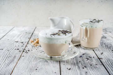 Tea latte, Earl Grey Hot London Fog Tea Drink with Foamed Milk, wooden background copy space