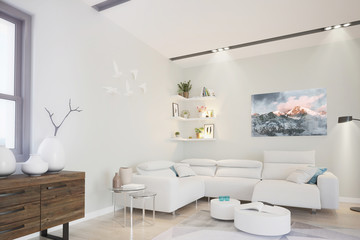 Modern bright living room, interior with sofa, table and lamp