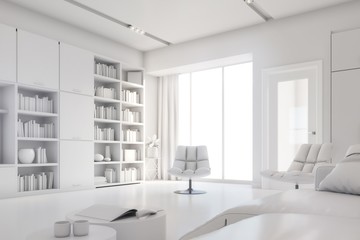 Modern white bright interior with sofa,chairs and lamp