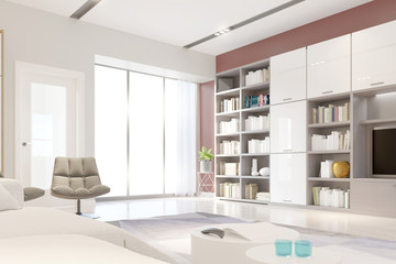 Fototapeta na wymiar Modern bright living room, interior with chair, bookshelf and lamp